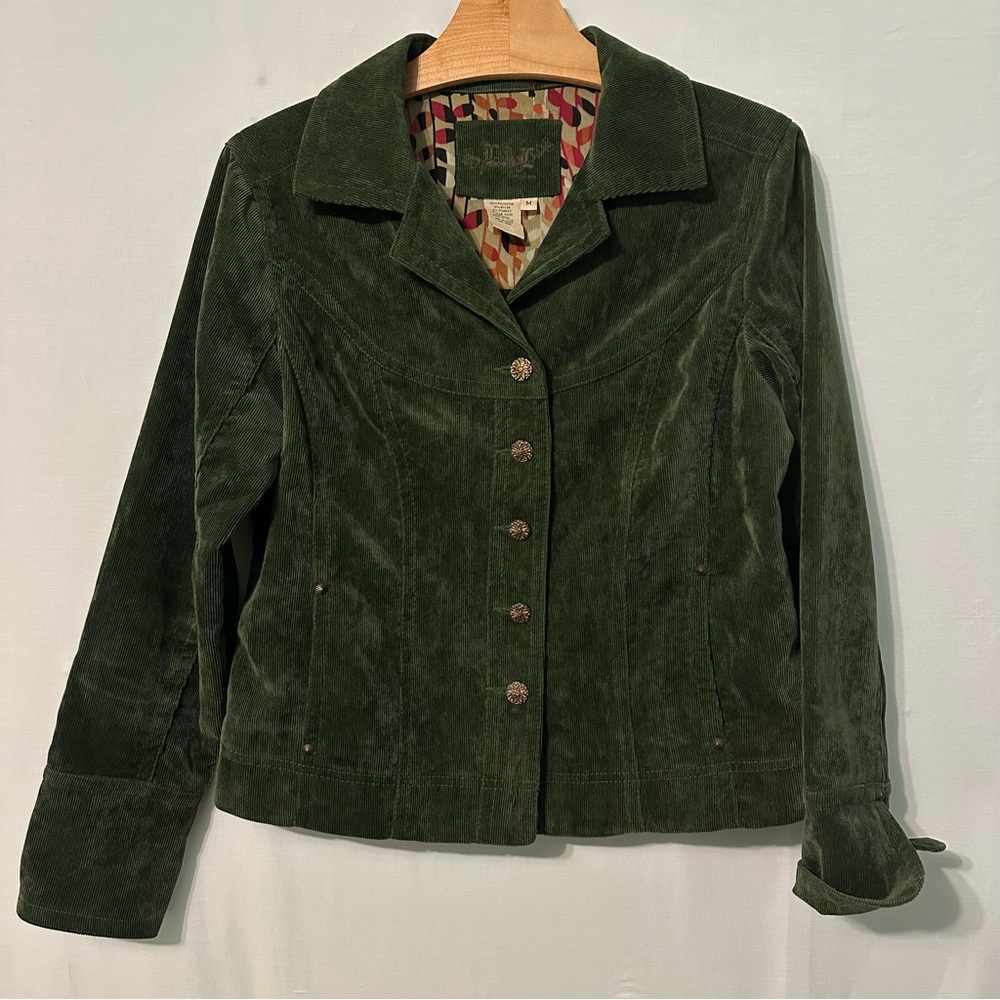 LAL Live A Little Green Corduroy Blazer Jacket Womens Size Med Cropped Gold